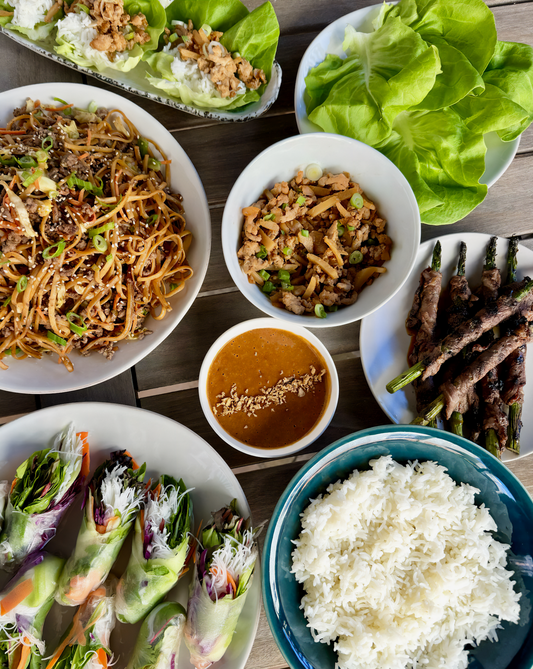 NEW Chicken Lettuce Wraps, Beef Pan Fried Noodles, Summer Rolls, Marinated Steak Asparagus and Jasmine Rice