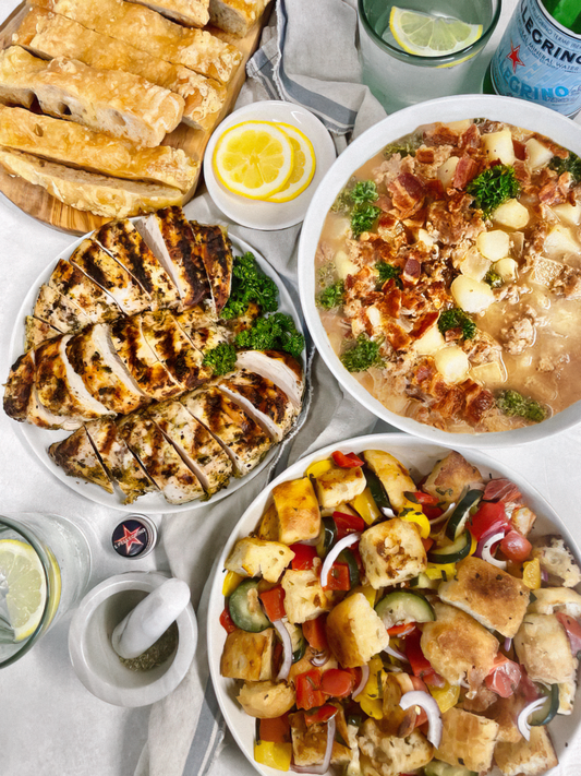 Zuppa Tuscano, Panzanella Salad, Grilled Pesto Chicken, Cheesy Gruyere Focaccia