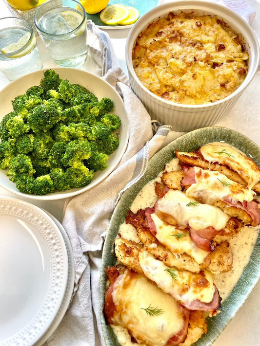 Chicken Cordon Bleu served with Potatoes Au Gratin and Steamed Broccoli