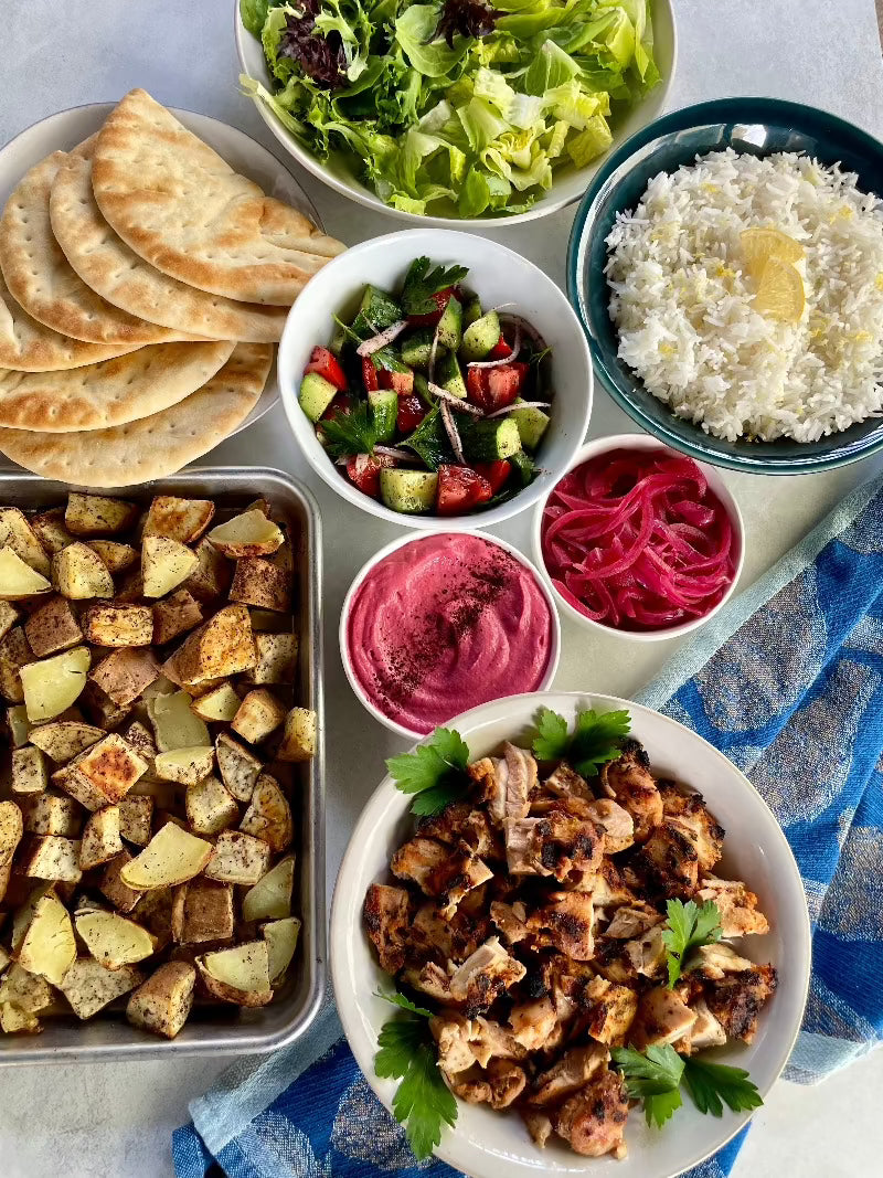 Wholesome Mediterranean Bowl - Grilled Chicken, Sweet Potatoes, Tomato Cucumber Salad, Pickled Beet Hummus and Pickled Onions, Pita & Fresh Salad, Lemony Basmati Rice