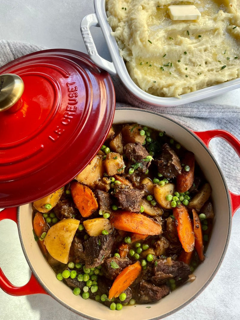 Hearty Beef Stew served with Creamy Mashed Potatoes or Egg Noodles