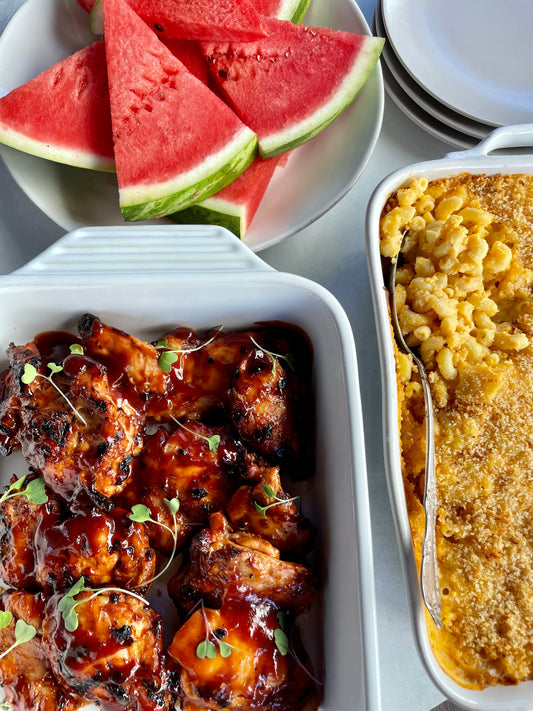 Summer BBQ Chicken, Macaroni and Cheese, and Watermelon