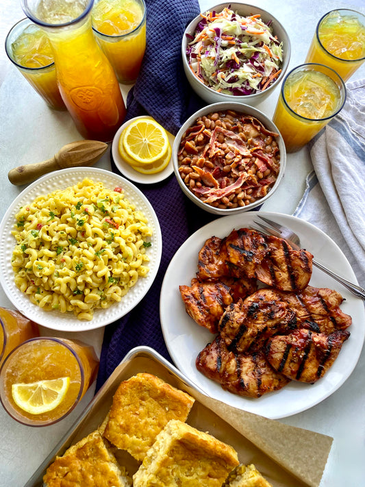 Summer Picnic: BBQ Chicken, Mac Salad, Baked Beans, Coleslaw, Creamed Corn Spoonbread