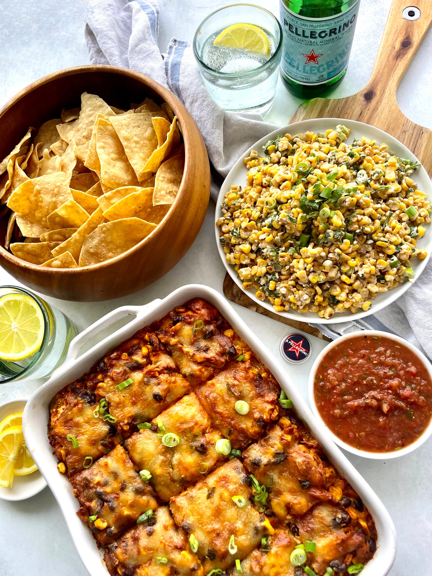 Mexican Lasagna, Elote Corn, Chips and Salsa