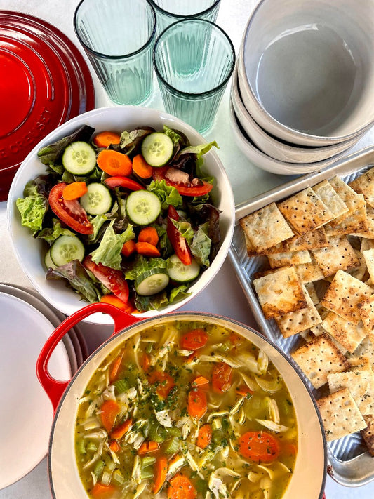 Chicken Noodle Soup served with Crispy Herb Baked Crackers and a Garden Vegetable Salad